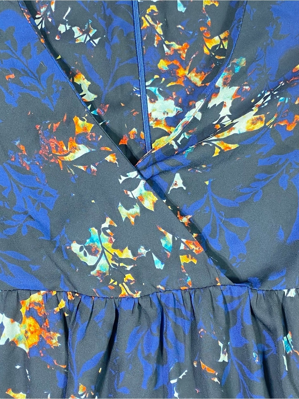 A.N.A. Floral Peplum Wrap Style Blouse Women's S Blue Black Bell Sleeves Flowy - Picture 4 of 13
